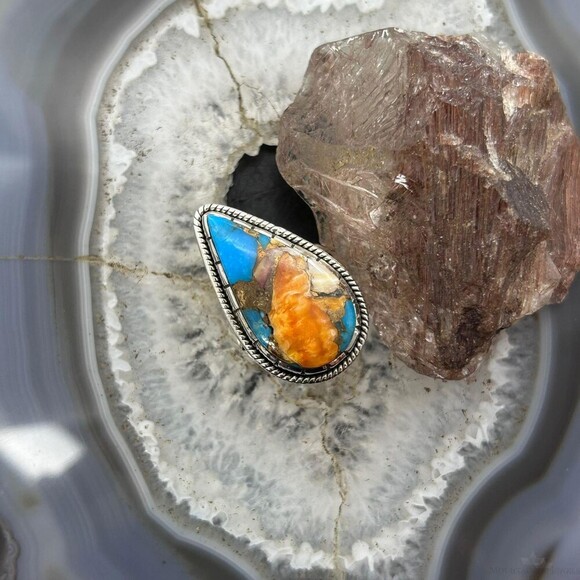 Sterling Southwestern Style Teardrop Turquoise Spiny Oyster Ring Sz 10 For Women - Picture 2 of 10